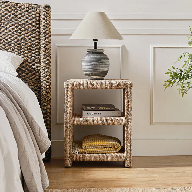 Rattan Grass Rope Side Table with 2 Open Shelves & Finished Back | Natural | Single