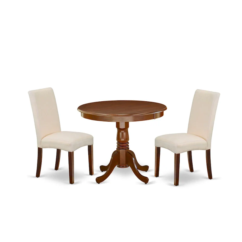 East West Furniture Kitchen Table Set- A Round Dining Room Table and Cream Linen Fabric Parson Chairs, Mahogany (Pieces Options)