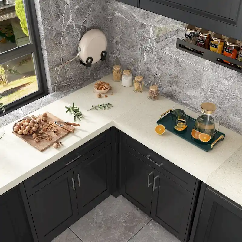 Black L-Shape Corner Kitchen Cabinet with Drawers, Adjustable Shelves & UV Countertop – Single