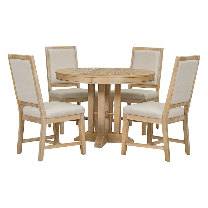 5 Pcs Wood Kitchen Furniture Set, Extendable Round Dining Table Set with Removable Leaf and 4 Upholstered Chairs