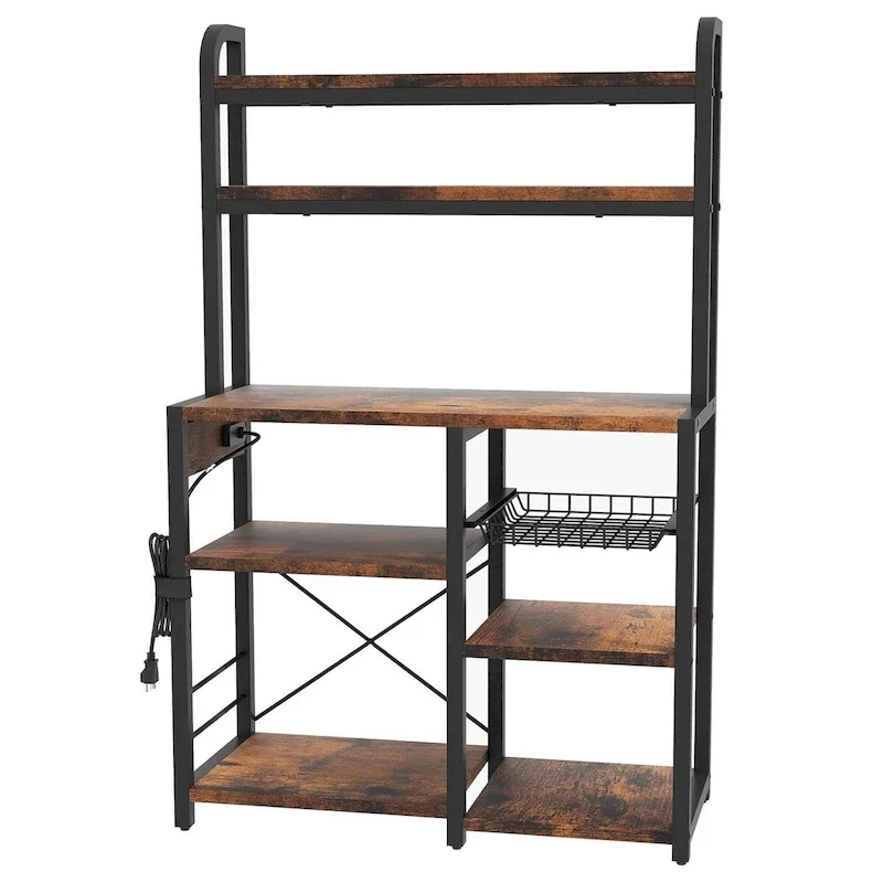 Kitchen Bakers Rack with Power Outlet, Wire Basket