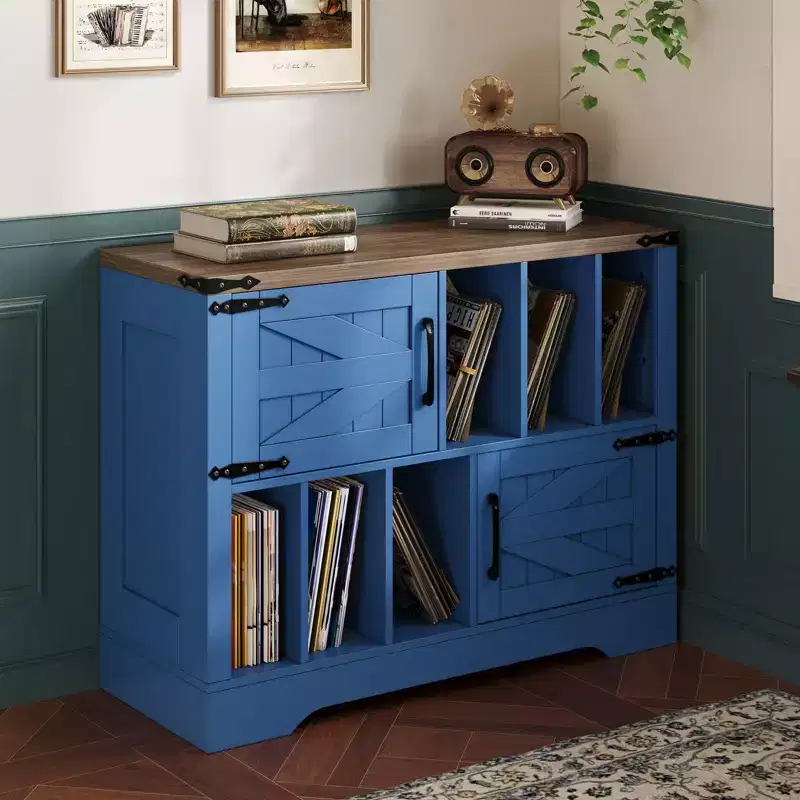 GustoWave Farmhouse Wood Storage Cabinet, Modern Vinyl Record Storage, Mid-Century Turntable Stand, 39'' Sideboard Cabinet