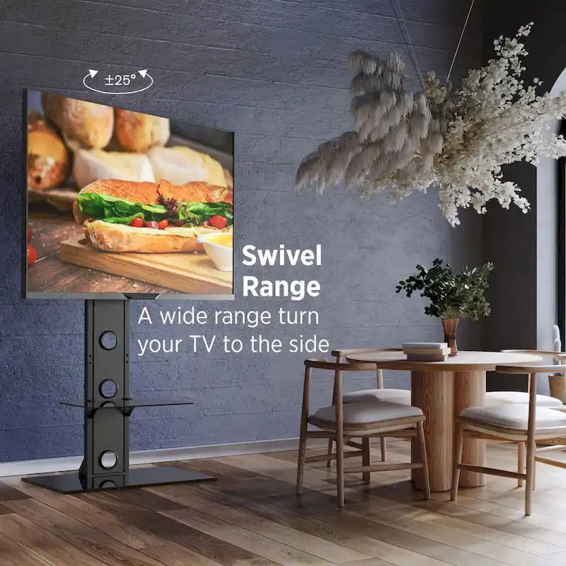 Black Swivel TV Floor Stand with Glass Shelf, Fits 37