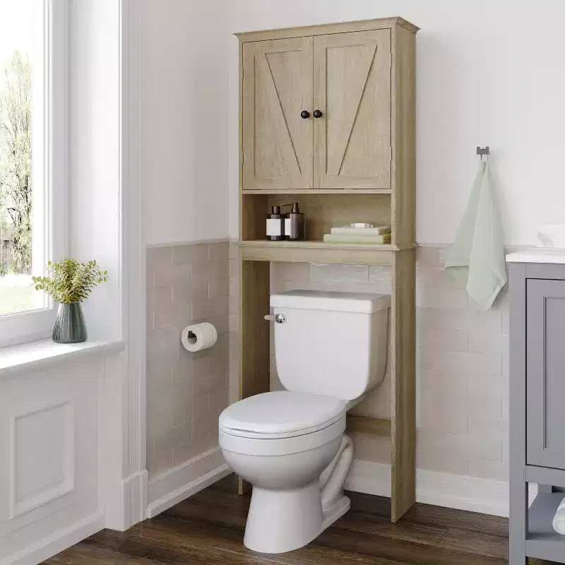 Flash Furniture Dune Farmhouse Over the Toilet Bathroom Storage Cabinet Organizer with Magnetic Closure Doors, Adjustable Cabinet Shelf, Open Lower Shelf