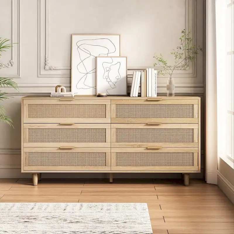 Natural/Black Rattan 6-Drawer Storage Dresser, 1-Piece