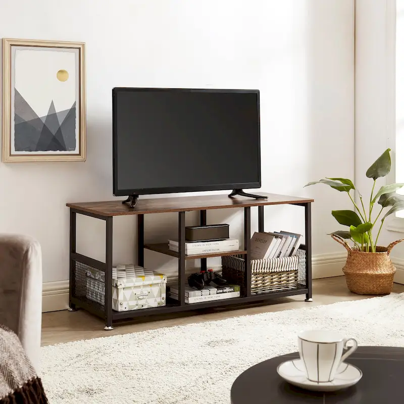 TV Stand Industrial Enter nment Center Media Console Table with Storage and Mesh Shelf for Living Room/Bedroom, Brown