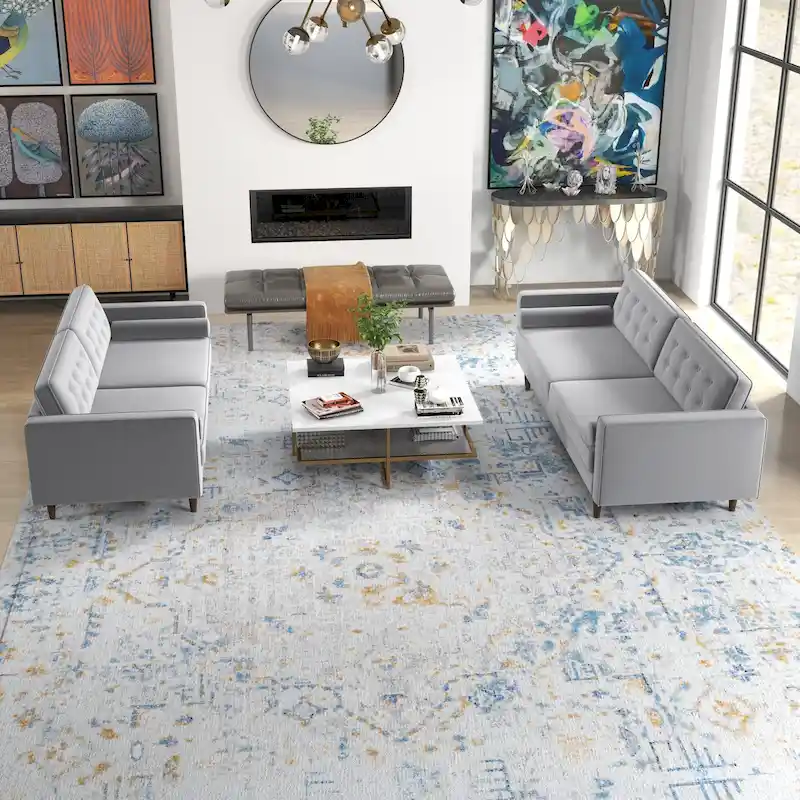 Kenzo Mid Century Pillow Back Velvet Sofa and Loveseat Set