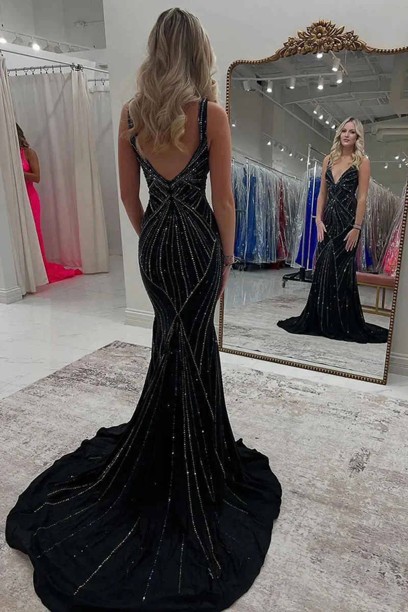 Black V Neck Mermaid Satin Long Prom Dresses With Beading