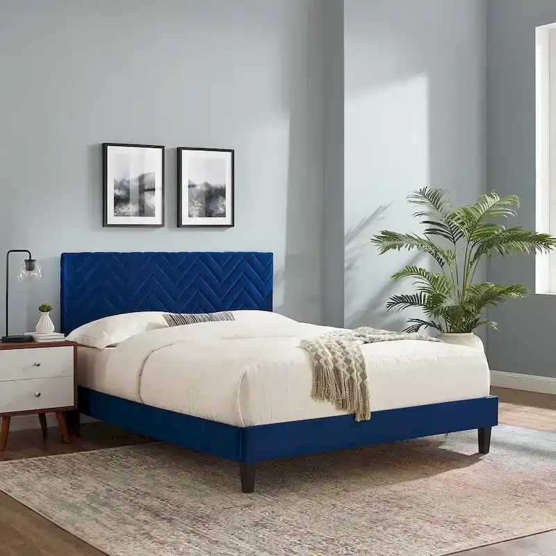 Blue / White / Charcoal / Pink Chevron Tufted Velvet Queen Platform Bed – 1 Person