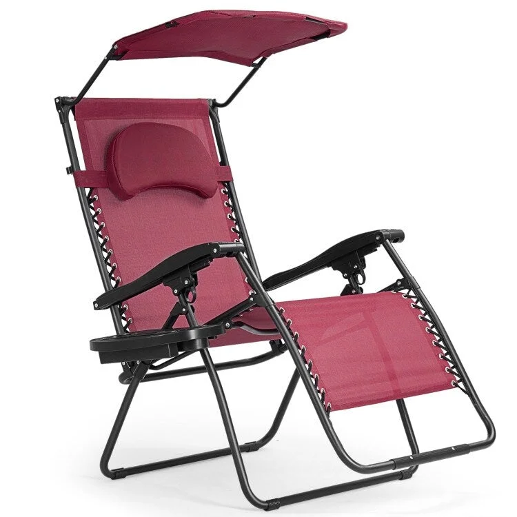 Folding Reclining Lounge Chair with Sunshade and Cup Holder - Dark Red