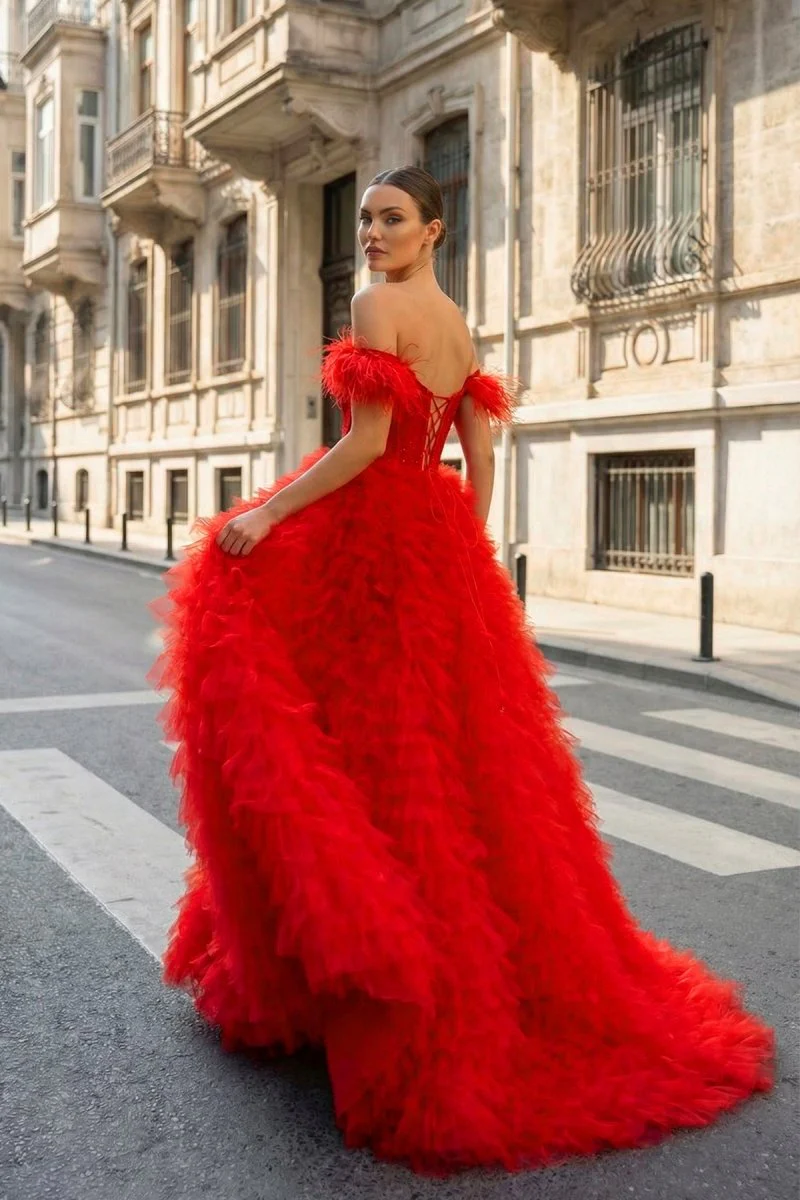 A Line Sweetheart Tiered Tulle Long Prom Dress With Slit