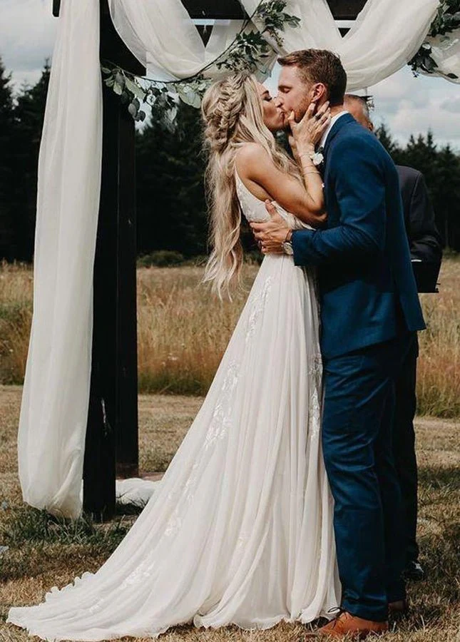 A Line V Neck Long Wedding Dresses Lace Chiffon Bohemian Bridal Gown