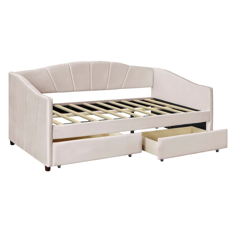 Twin Velvet Daybed with Drawers & Wood Slats