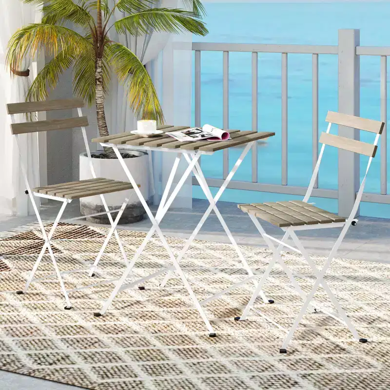 Costway 3 PCS Patio Acacia Wood Bistro Set Bistro Table with 2 Folding Chairs Slatted Seat Brown/Gray