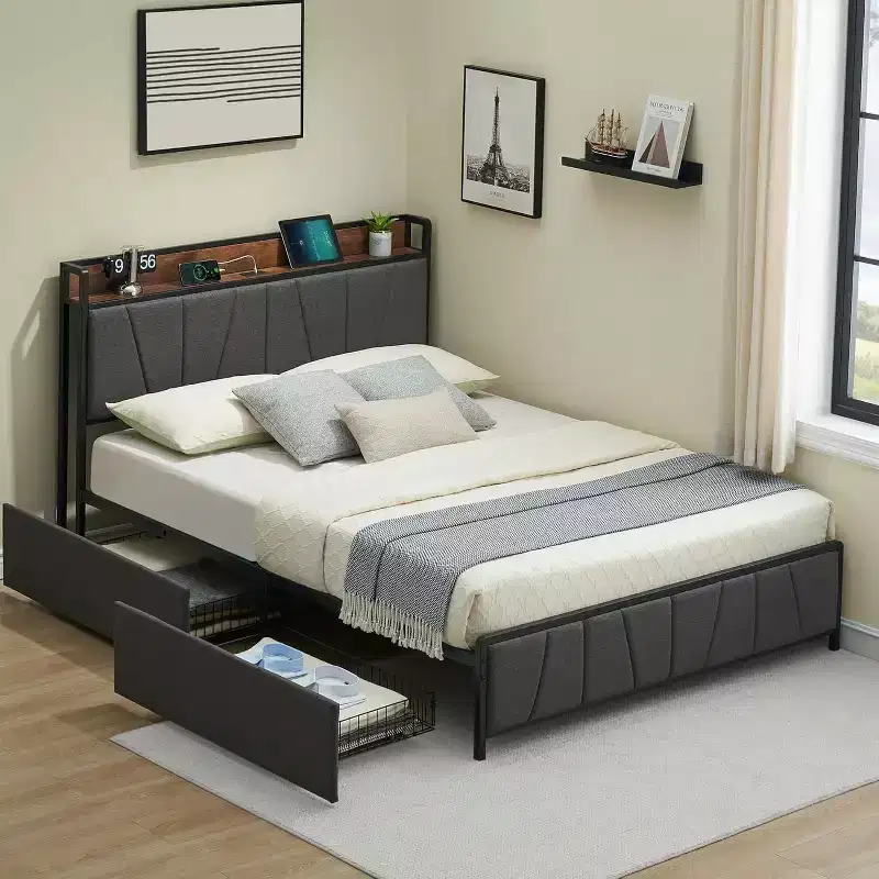 Rustic Twin Bed Frame with 2 Storage Drawers, Upholstered Platform Twin Bed with Storage Headboard & Charging Station, Heavy Duty Metal Slats