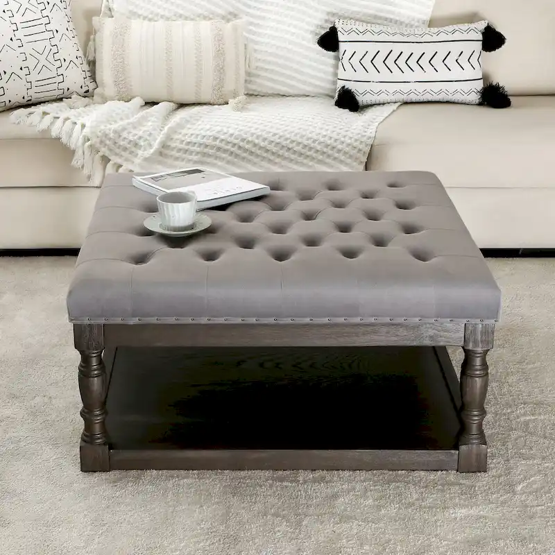 Cairona Tufted Bi-cast leather 34-Inch Shelved Ottoman Table