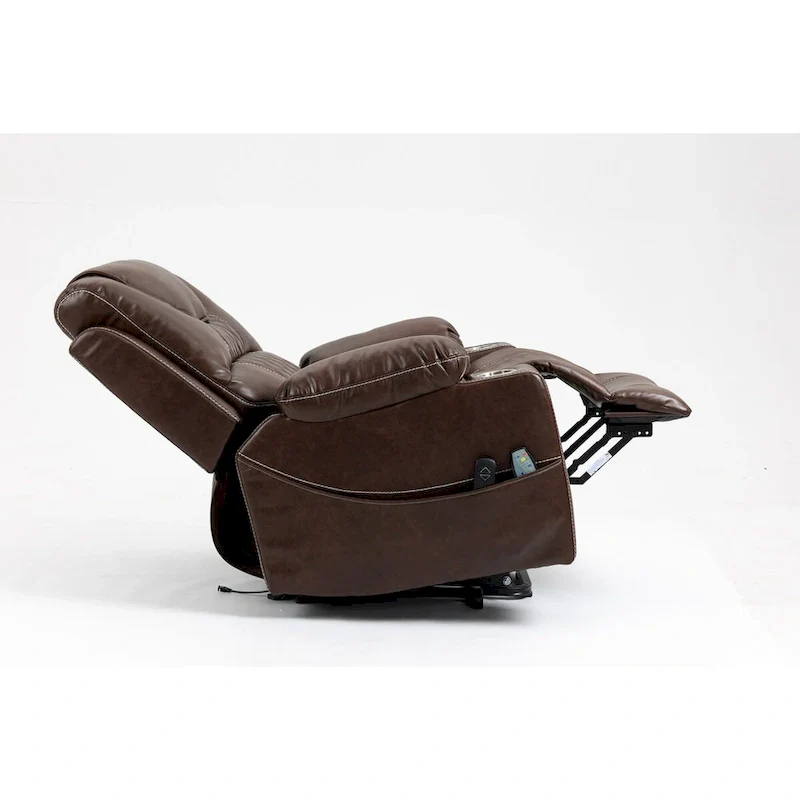 Brown Leather Power Lift Recliner, Multi-Function Massage, Heating, Cup Holders