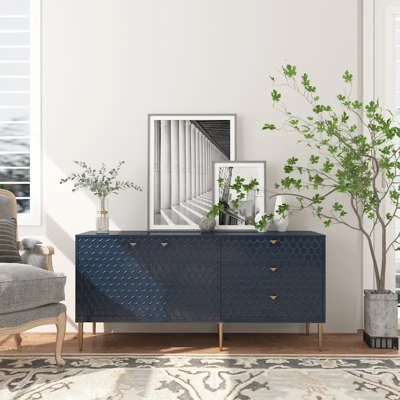 2 Door Sideboard TV Locker Buffet Accent Cabinet with Gold Legs