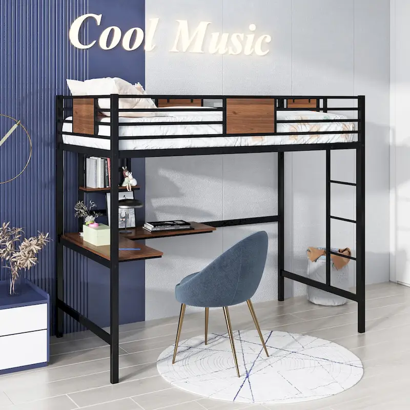 Black / White Metal Twin Loft Bed with Desk, Shelf and Integrated Ladder – 1-Person