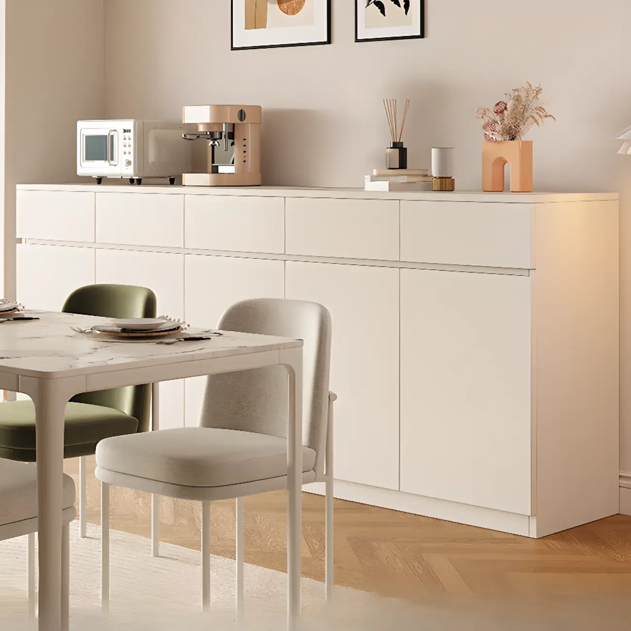 White Wooden Credenza with Drawers and Cabinets