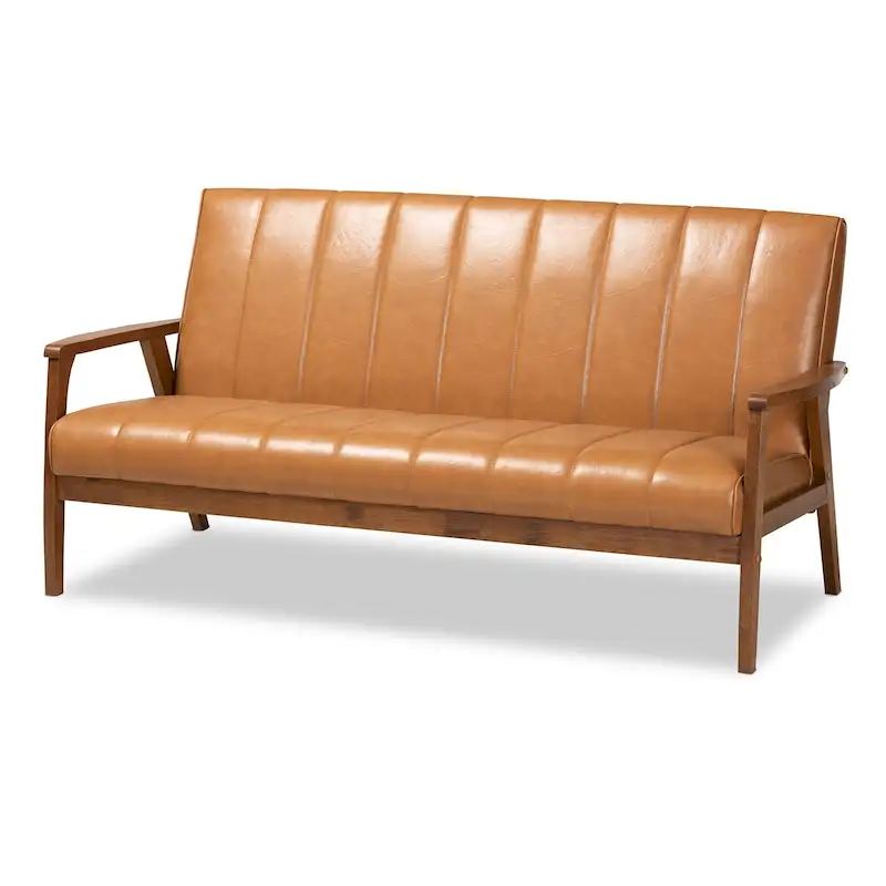 Tan Faux Leather Mid-Century Sofa, Walnut Wood Frame, Seats 2–3