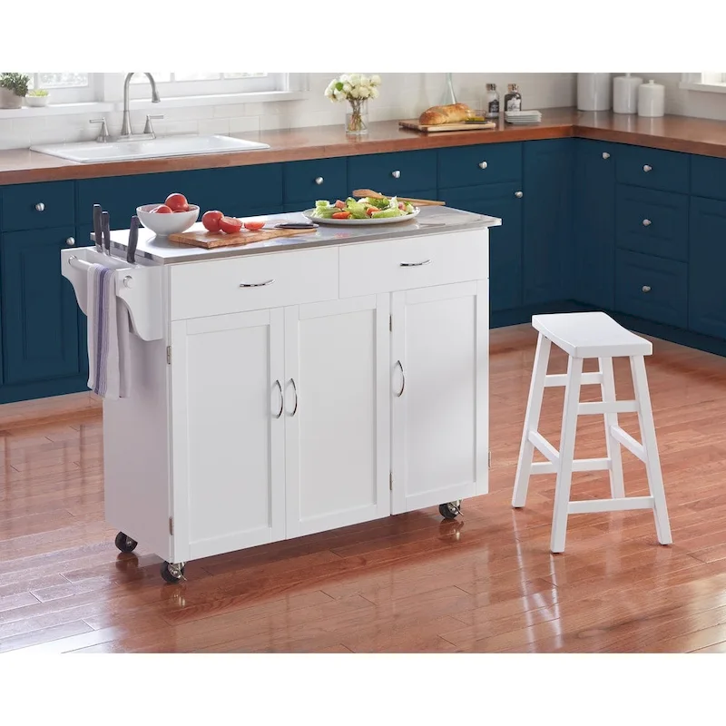 Rolling Kitchen Cart with Stainless Steel Top – White & Espresso, 2-Person Assembly