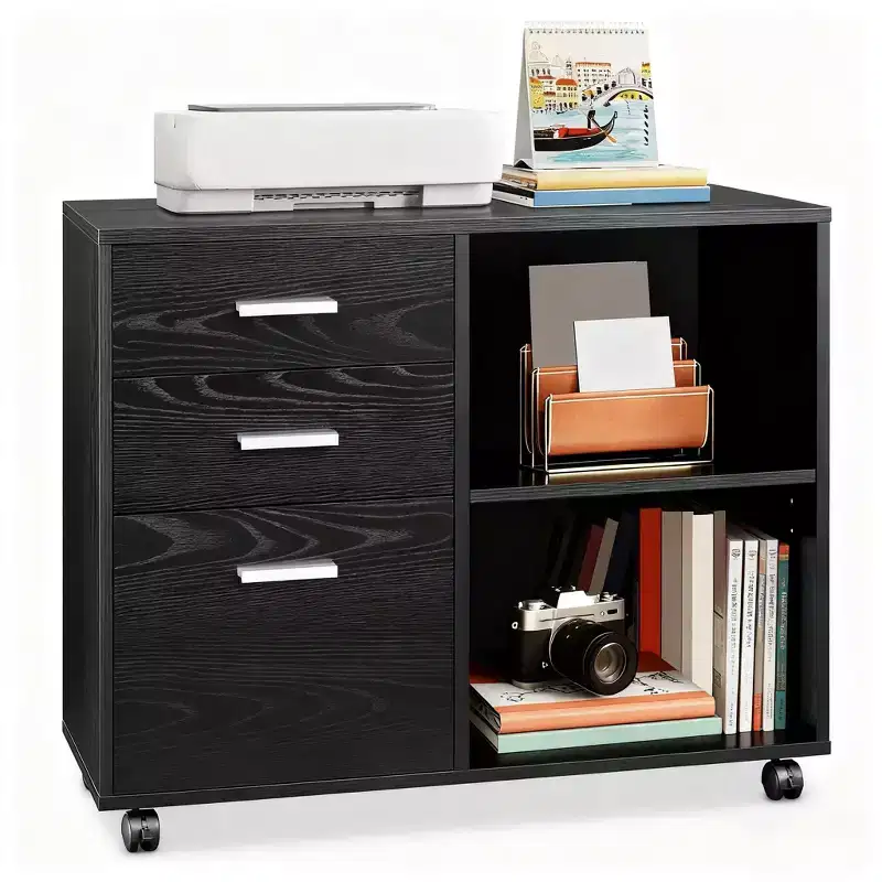DEXYLLO 3-Drawer Wood File Cabinet, Mobile Lateral Filing Cabinet, Printer Stand with Open Storage Shelves for Home Office