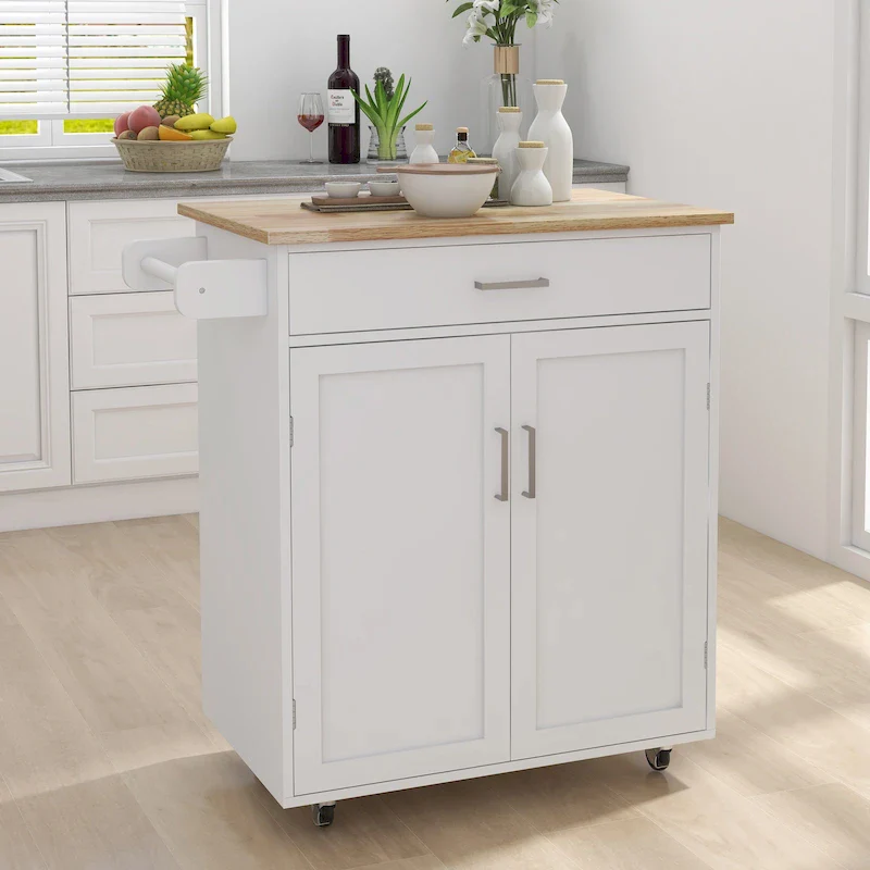 Kitchen Island Cart with Solid Wood Top, Cabinet, Drawers & Locking Wheels