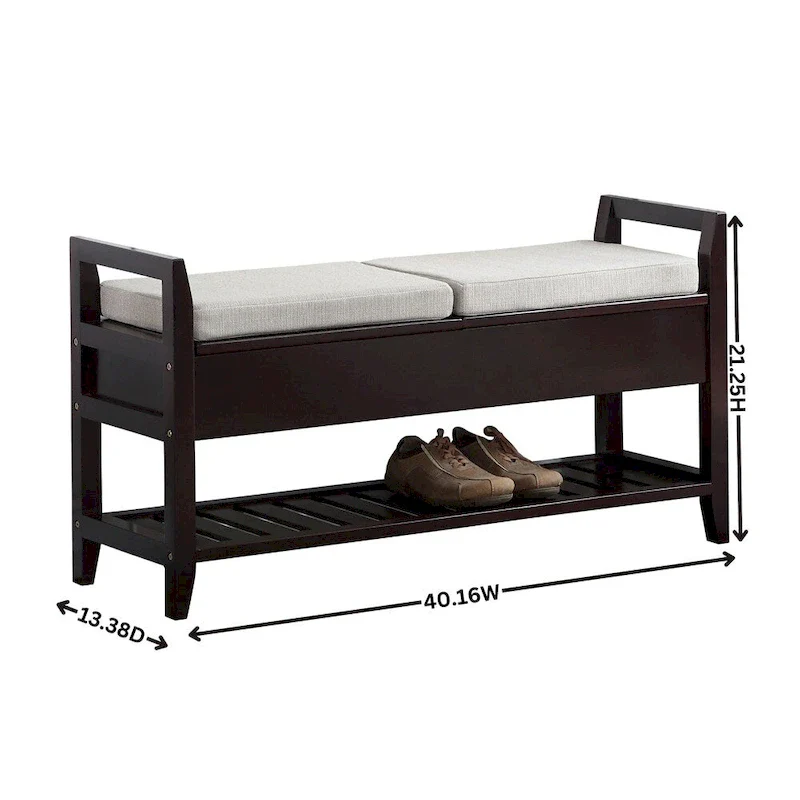 Espresso Beige Fabric Flip-Top Storage Bench with Shoe Shelf – 2 Person