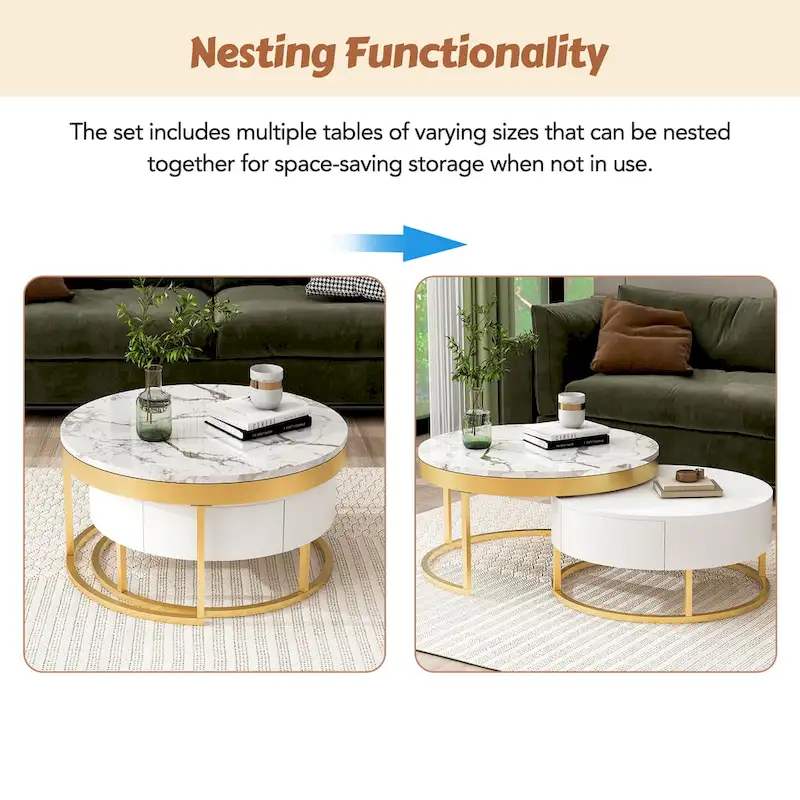Modern Round Nesting Coffee Table with Drawers