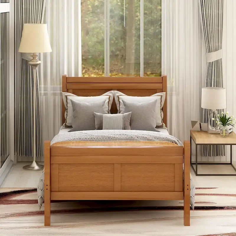 Oak / White / Espresso Twin Wood Platform Bed with Headboard & Footboard – Single