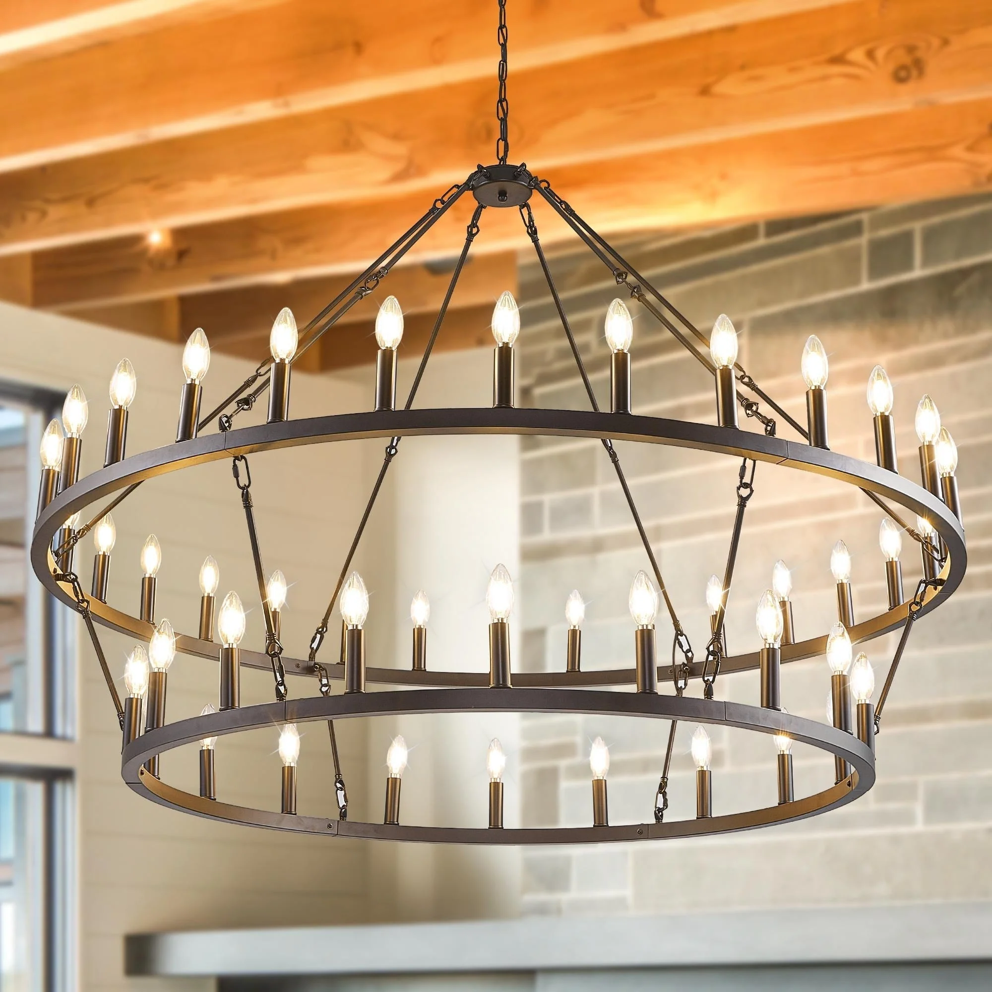 Modern Farmhouse Chandelier 2 Tier Round Wagon Wheel Chandelier Large High Ceiling Light.