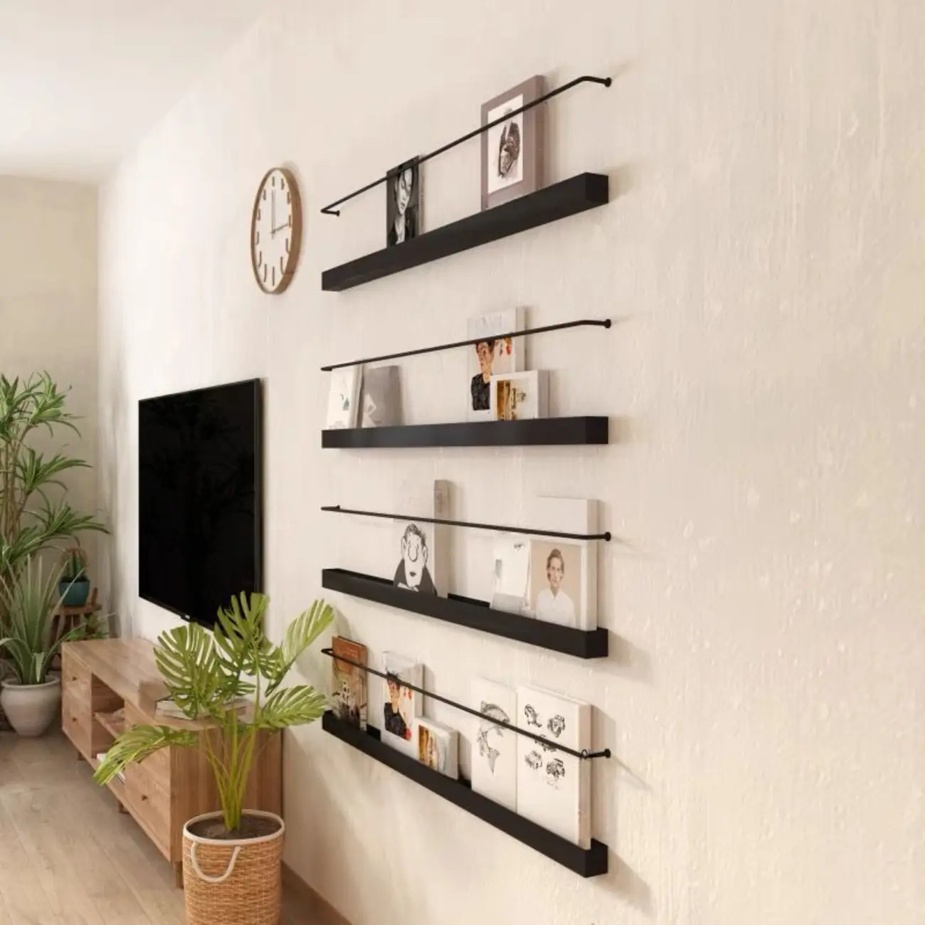 Simple Black Metal Wall-Mounted Bookshelf Set