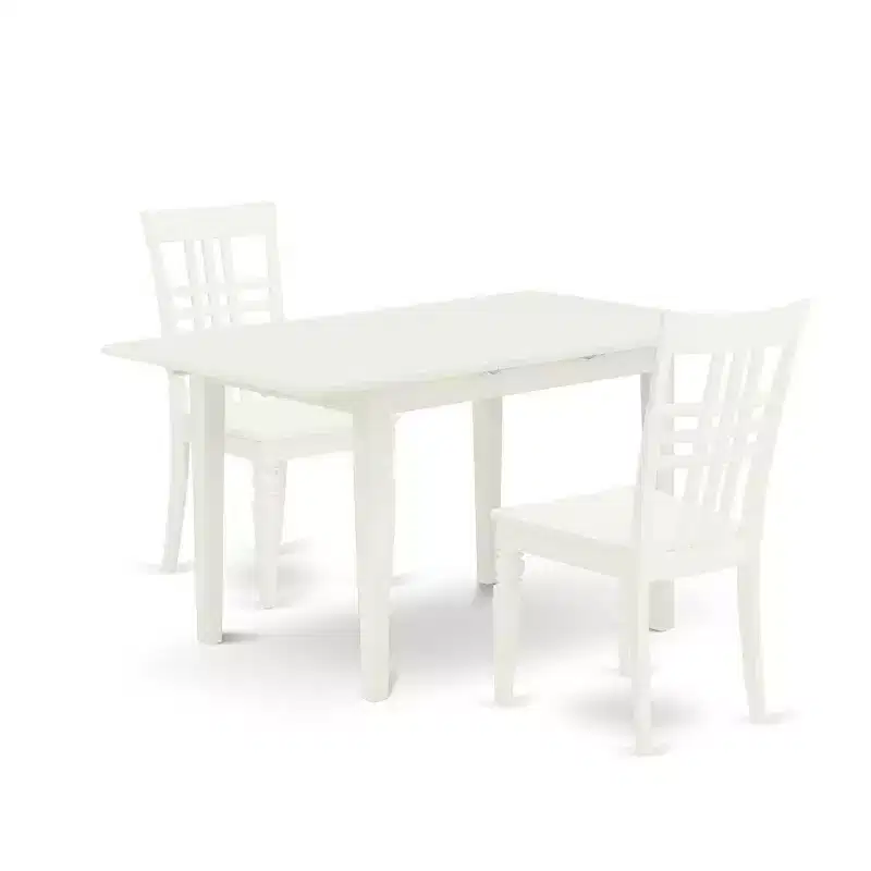 HomeStock 3-Pc Linen White Finish Rectangular Solid Wood Top With Butterfly Leaf Dining Table Set