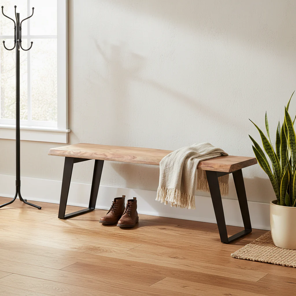 Brown Live Edge Sheesham Wood Bench with Black Wrought Iron Legs – 60 in