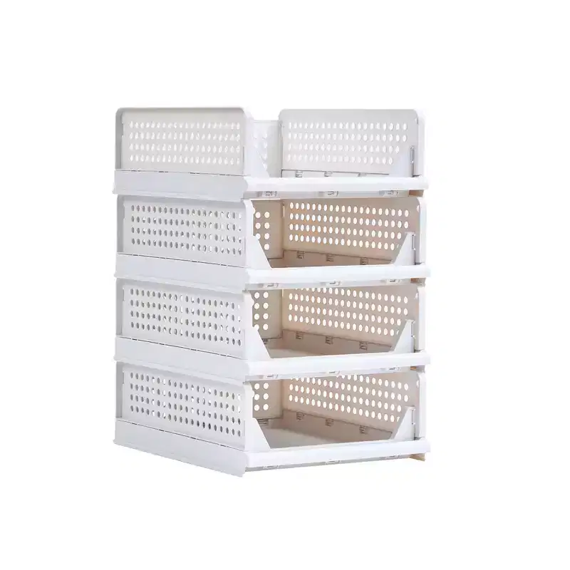 VECELO 4-Tier Plastic Closet Shelf Organizer, Stackable Sweater Storage Closet Drawers, Foldable Wardrobe Organizer, Gray