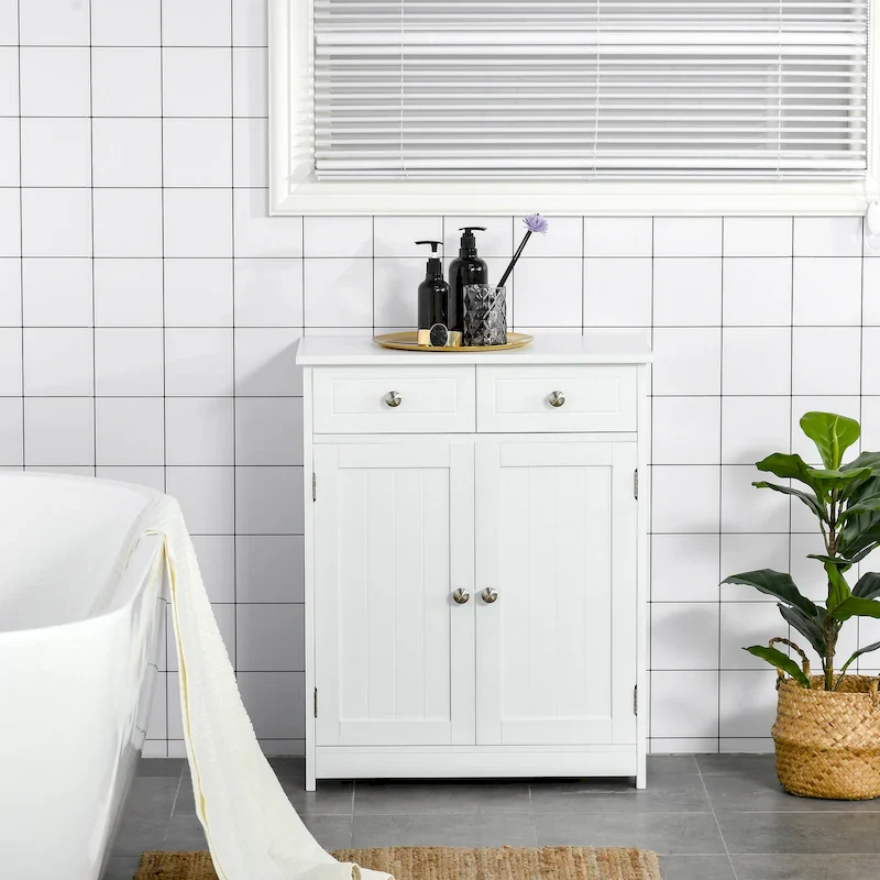 Freestanding Bathroom Storage Cabinet Organizer Floor Tower with 2 Door, 2 Drawers, Adjustable Shelf, White