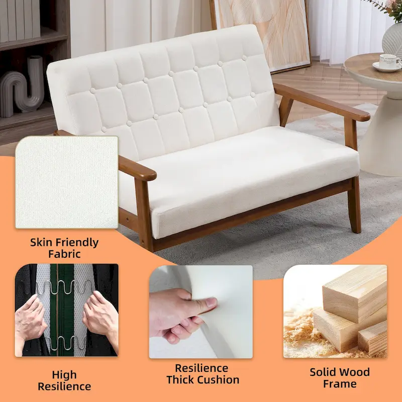 HOMEFUN Mid-Century Linen/PU Upholstered Wood Frame Tufted Loveseat Sofa