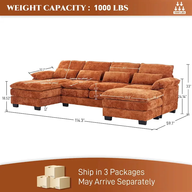 Soft Chenille Fabric U-Shaped Sectional Sofa with Double Layer Cushion