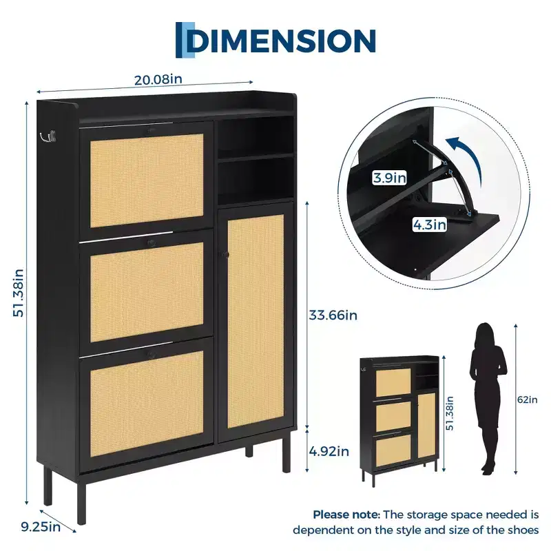 Shoe Storage Cabinet for Entryway,Freestanding Shoe Cabinet with 3 Flip Drawers and 5 Tier Shelves, Natural Rattan Shoe Organizer Storage