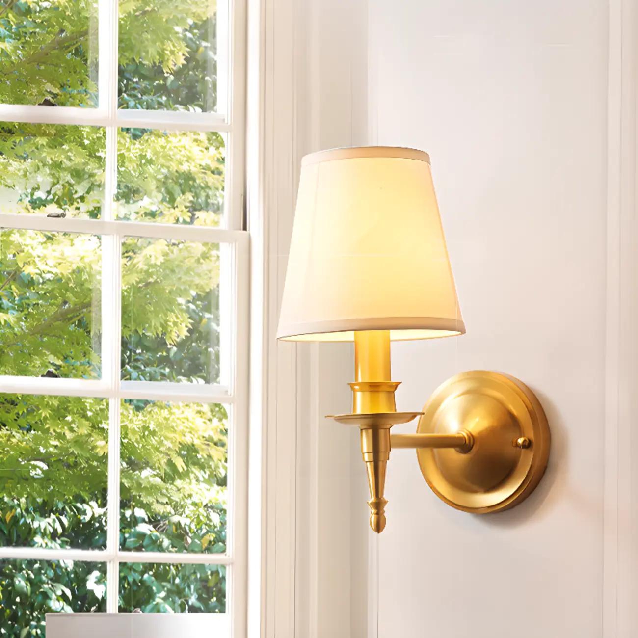 Traditional White Fabric Shade Golden Wall Sconce