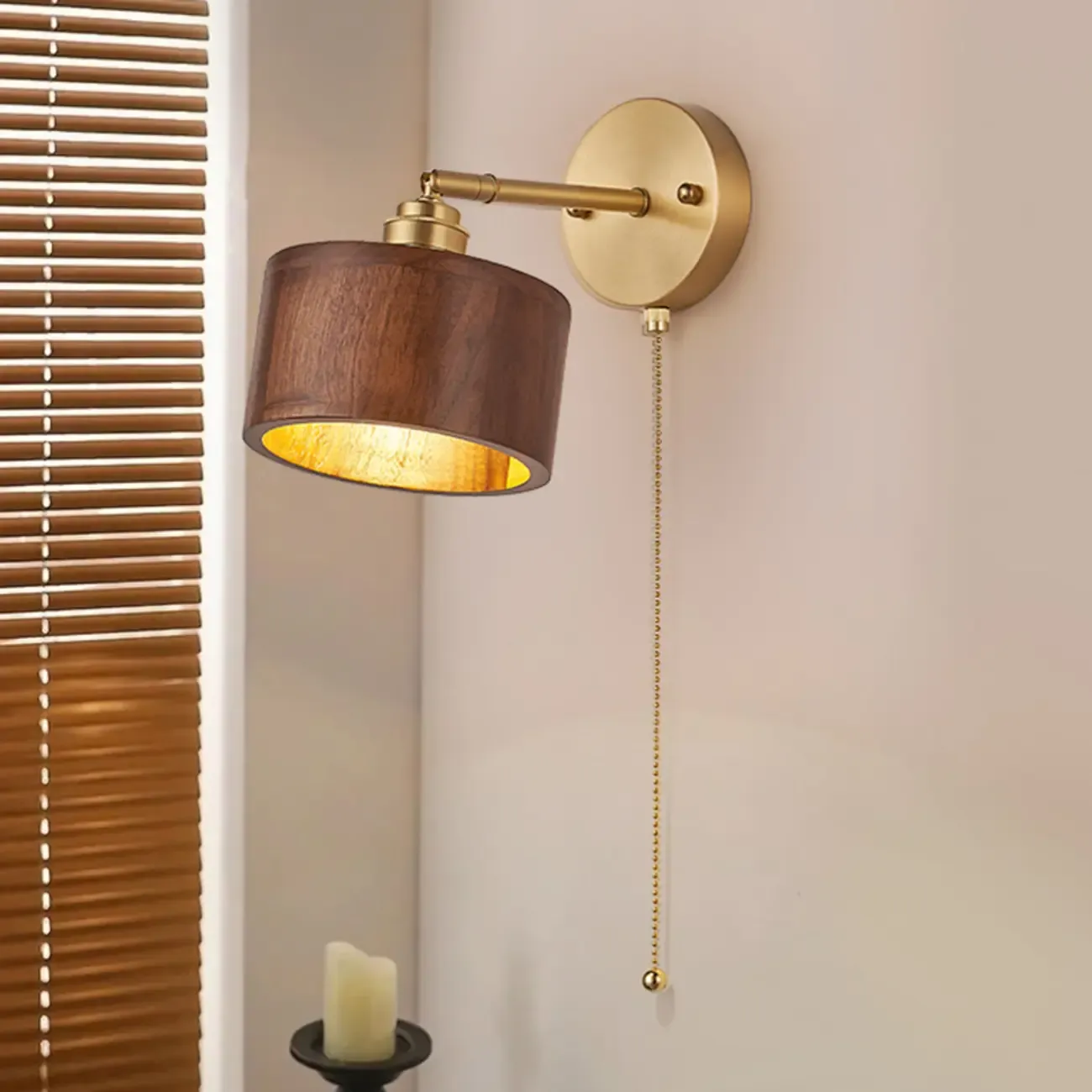 Wooden Drum-Shape Wall Sconce with Pull Chain for Bedroom