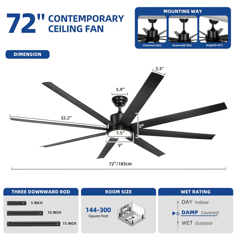 72  8 Blades Ceiling Fans with Lights and Remote Control