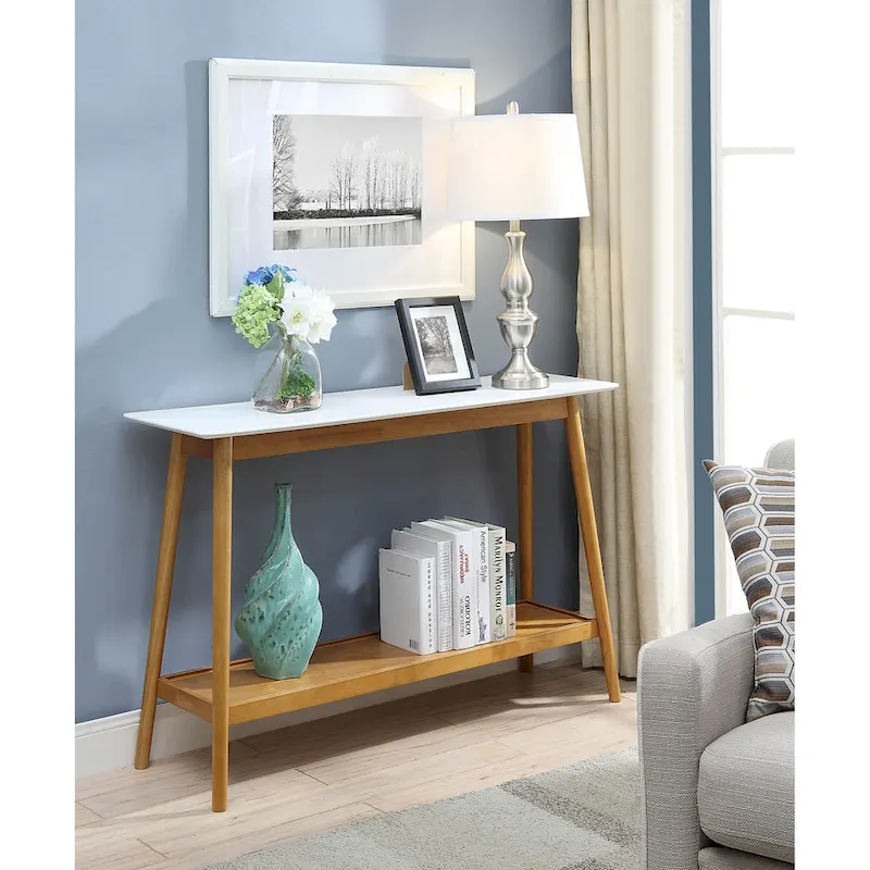 White High Gloss Console Table with Bottom Shelf, Mid-Century Style