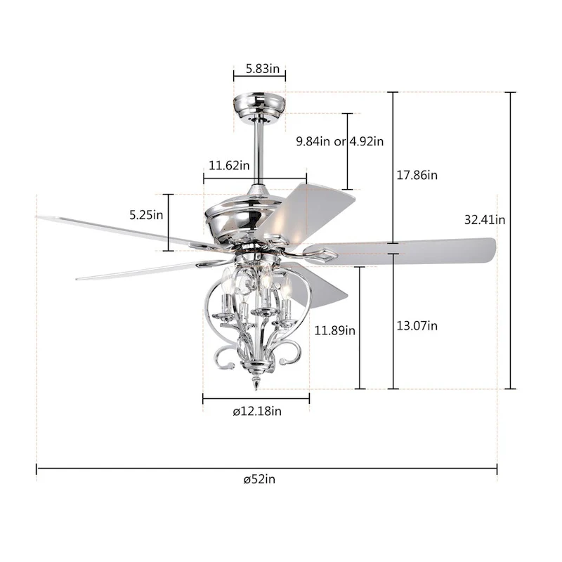 Bella Depot 52  Modern Silver Crystal Ceiling Fan with Remote Control and Light Kit, 3-Speed Reversible Blades - 52 Inches