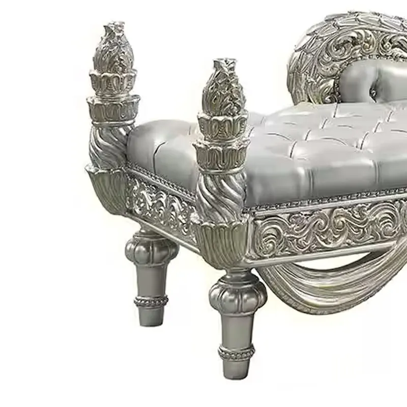 Dove Chaise Bench, Beige Faux Leather, Champagne Finished Wood 82 Inch