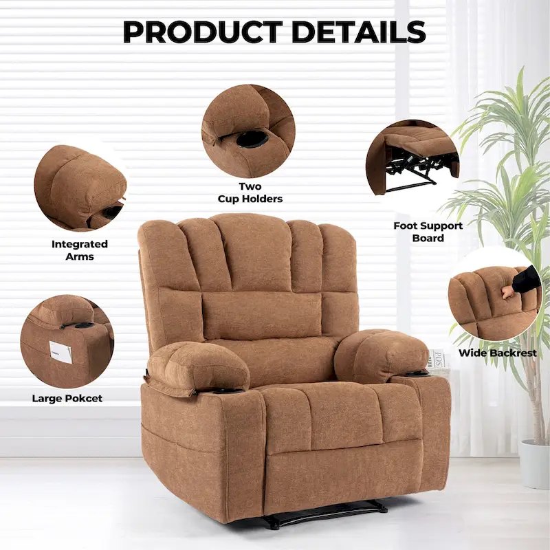 Chenille Manual Recliner Chair with Massage and Lumbar Heating, Dual Cup Holders, Side Pockets