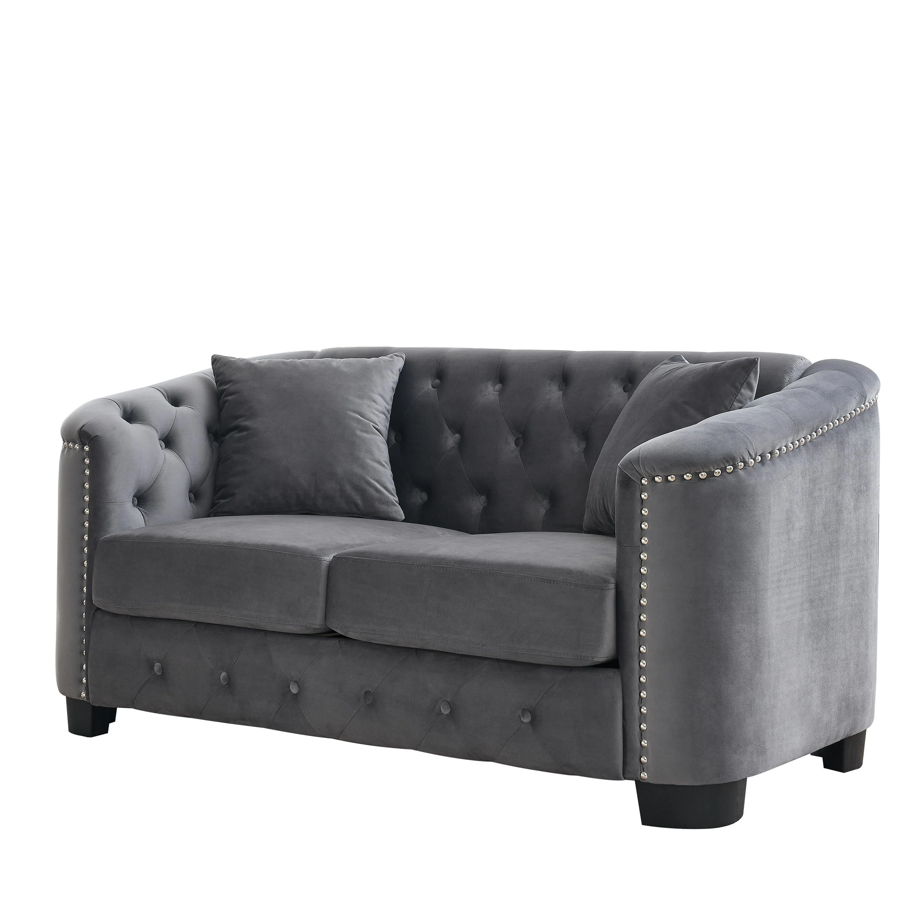 Grey 59'' Modern Velvet 2-Seater Sofa with Tufted Backrest and Nailhead Arms