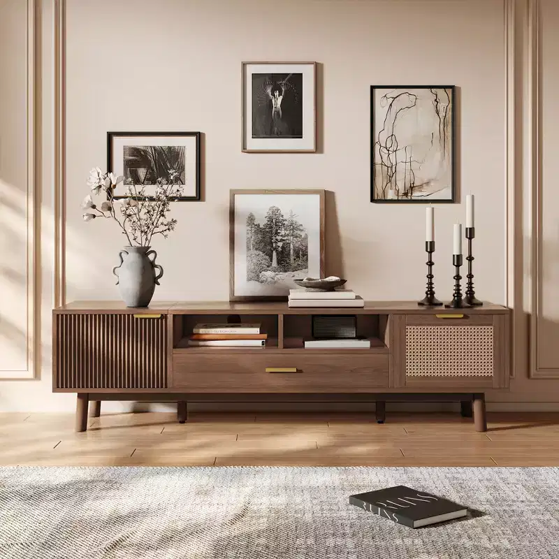 GDFStudio Gael Wood TV Stand with Rattan Weave Drop-Down Door Cabinet & Line Pattern Door