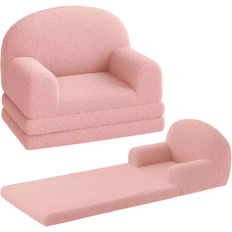 Kids Couch, 2-in-1 Convertible Teddy Fleece Fabric Toddler Sofa Chair, Soft Fold Out Couch Lounger for Kids, Comfy Children's Sofa Bed for Playroom